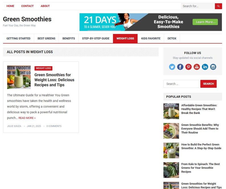 May include: A website homepage titled "Green Smoothies" with navigation links and a search bar. The page features a banner ad and a section on weight loss, with links to articles about green smoothies and recipes.