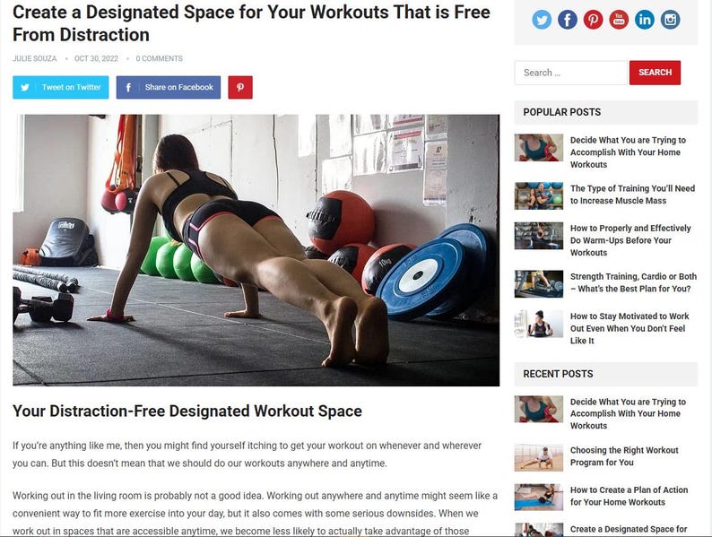 May include: A person in athletic wear doing push-ups on a gym floor. The image is from a blog post titled "Create a Designated Space for Your Workouts That is Free From Distraction". Gym equipment, including weights and medicine balls, is visible.