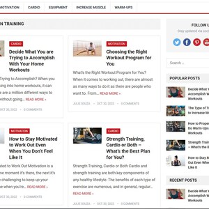 May include: A webpage with articles on training, motivation, cardio, and muscle building. The page features article titles like "Decide What You are Trying to Accomplish With Your Home Workouts" and "How to Stay Motivated to Work Out Even When You Don't Feel Like It."