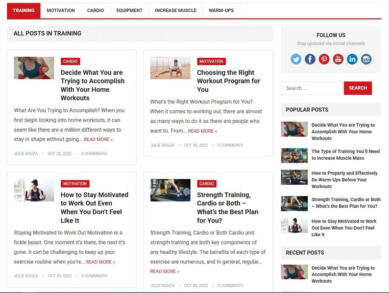 May include: A webpage with articles on training, motivation, cardio, and muscle building. The page features article titles like "Decide What You are Trying to Accomplish With Your Home Workouts" and "How to Stay Motivated to Work Out Even When You Don't Feel Like It."