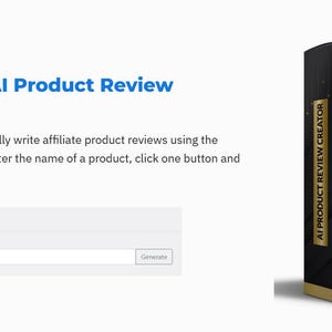 Op de afbeelding: Een productafbeelding toont een softwarebox met het label "AI Product Review Creator". De doos is zwart met gouden tekst en een afbeelding van een computerscherm met sterren. De tekst op de doos luidt "ChatGPT Powered Product Review Software."