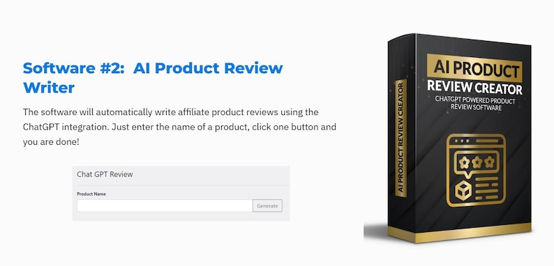 Op de afbeelding: Een productafbeelding toont een softwarebox met het label "AI Product Review Creator". De doos is zwart met gouden tekst en een afbeelding van een computerscherm met sterren. De tekst op de doos luidt "ChatGPT Powered Product Review Software."
