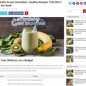 May include: A glass of green smoothie with a straw, surrounded by fresh ingredients like kiwi, spinach, and a banana. The image is from a blog post titled "Affordable Green Smoothies: Healthy Recipes That Won't Break the Bank."