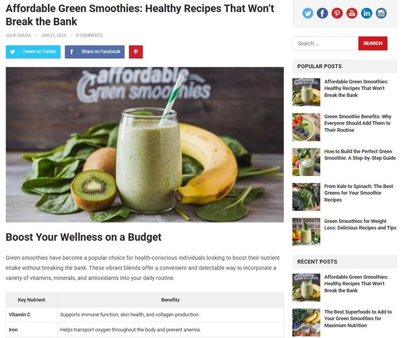May include: A glass of green smoothie with a straw, surrounded by fresh ingredients like kiwi, spinach, and a banana. The image is from a blog post titled "Affordable Green Smoothies: Healthy Recipes That Won't Break the Bank."