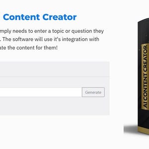 Op de afbeelding: Een zwarte softwarebox met gouden tekst en accenten. Op de doos staat "AI CONTENT CREATOR" en "ChatGPT Powered Content Creation Software". De tekst "AI Content Creator" staat ook op de zijkant van de doos. De afbeelding toont ook een tekstvak met de woorden "Your question for AI" en een "Generate"-knop.