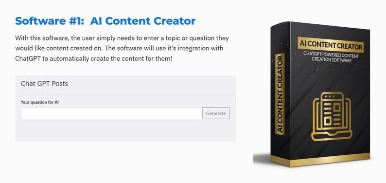 Op de afbeelding: Een zwarte softwarebox met gouden tekst en accenten. Op de doos staat "AI CONTENT CREATOR" en "ChatGPT Powered Content Creation Software". De tekst "AI Content Creator" staat ook op de zijkant van de doos. De afbeelding toont ook een tekstvak met de woorden "Your question for AI" en een "Generate"-knop.