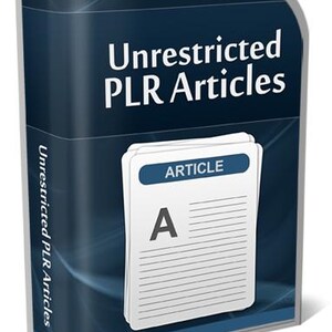 May include: A digital product box with the title "Unrestricted PLR Articles" in white text on a dark blue background. A stack of white paper with the word "ARTICLE" and the letter "A" is visible.