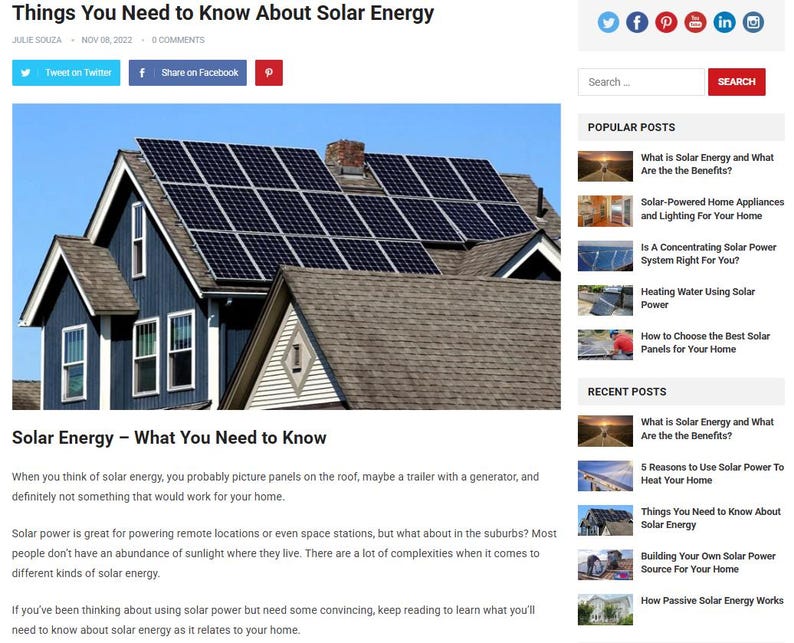 May include: A blue house with solar panels installed on the roof. The image is from a blog post titled "Things You Need to Know About Solar Energy". The blog post discusses solar energy and its applications.