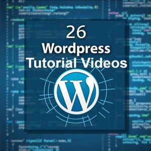 May include: A digital graphic with the text "26 WordPress Tutorial Videos" and the WordPress logo. The background is a dark blue with lines of code. The logo is a white "W" inside a blue circle.