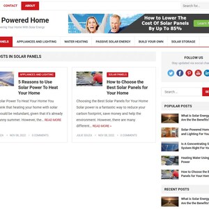May include: A website homepage for "Solar Powered Home" with navigation links and articles about solar energy. The site features articles on solar panels, appliances, and lighting, with a banner ad offering savings on solar panels.