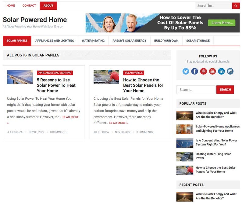 May include: A website homepage for "Solar Powered Home" with navigation links and articles about solar energy. The site features articles on solar panels, appliances, and lighting, with a banner ad offering savings on solar panels.