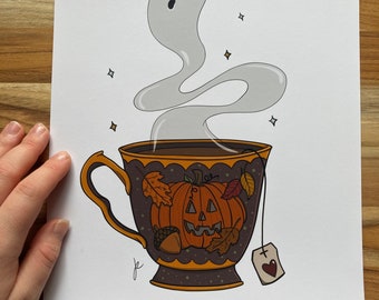 Spooky Ghost Tea Art Print: Halloween Witchy Decor (8.5x11)