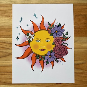 Illustration de visage de soleil, art du soleil, art de sorcellerie, sorcellerie, botanique, floral, soleil, milieu de l'été, cottagecore, goth pastel, carte de tarot