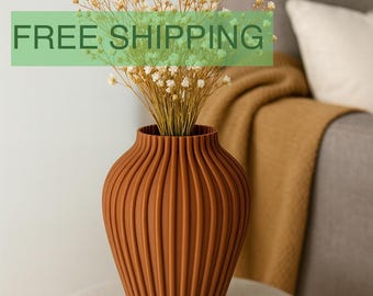 Vaso decorativo moderno de terracota com nervuras – decoração minimalista para casa impressa em 3D, 25 cm de altura