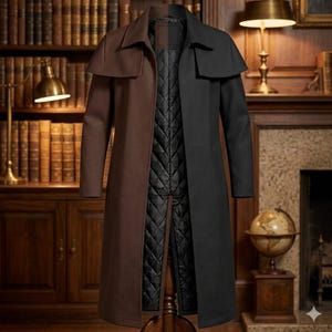 Op de afbeelding: Een lange, tweekleurige jas, bruin aan de linkerkant en zwart aan de rechterkant, met een gewatteerde zwarte binnenkant. De jas heeft een cape-achtige kraag en wordt getoond op een houten mannequin. De jas is een stijlvol bovenkledingstuk.