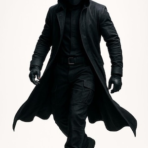 May include: A full-length black hooded coat worn over a black shirt, black cargo pants with side pockets, and a black belt. The outfit includes black gloves and black leather boots. The head is covered by a black hood and a solid black face mask.