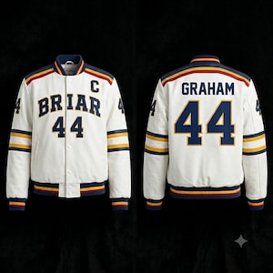May include: A white varsity jacket featuring navy blue, yellow, and red striped trim on the collar, cuffs, and hem. The front displays the text BRIAR 44 and a letter C. The back features the name GRAHAM and the number 44 in large navy blue lettering.