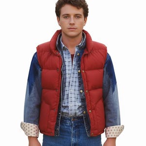 May include: A person wearing a red puffer vest over a denim jacket and a plaid shirt. The denim jacket has blue sleeves and is paired with blue jeans. The shirt has a red undershirt.