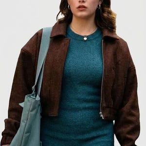 Women's Brown off-campus Cropped Bomber Jacket, Casual Cotton Zip-Up Jacket