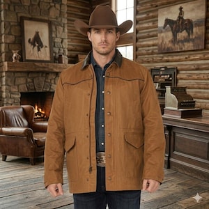 May include: A man wearing a brown cowboy hat and a brown jacket with a black collar and pockets. He is also wearing a denim shirt and blue jeans. The background includes a fireplace, paintings, and wooden walls, creating a rustic theme.