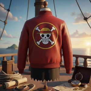 Puede incluir: Chaqueta bomber roja con un emblema redondo amarillo y blanco de calavera y huesos cruzados en la espalda. La chaqueta se exhibe en un maniquí en la cubierta de un barco, con un tema náutico.