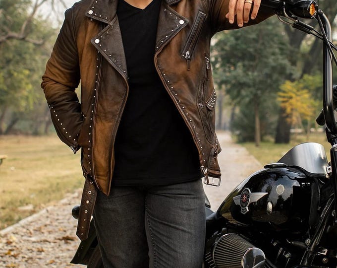Vintage Brown Leather Biker Jacket: Handmade Studded Rocker Coat