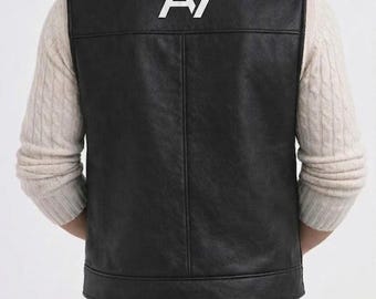 Men's Genuine Leather Vest with White Fur Collar & A7 Logo – Handcrafted Biker Waistcoat