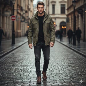 May include: A man wearing an olive green jacket, black sweater, dark gray jeans, and brown boots walks down a cobblestone street. The jacket has multiple pockets and a high collar. The background shows a European city.