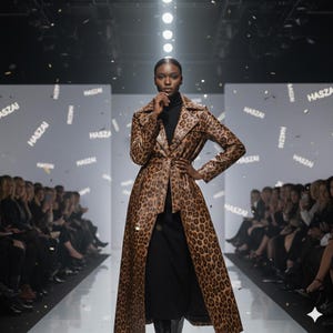 Puede incluir: Una modelo en una pasarela con un abrigo largo con estampado de leopardo y cinturón a juego. El abrigo está abierto, revelando un atuendo negro debajo. El fondo presenta un desfile de moda con público y la palabra "HASZAI".
