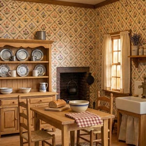 Może przedstawiać: Miniaturowa scena kuchenna ze stołem, krzesłami i kredensem wypełnionym talerzami i kubkami. Pokój posiada kwiatową tapetę, kominek i pleciony dywan. Bochenek chleba i miska stoją na stole.