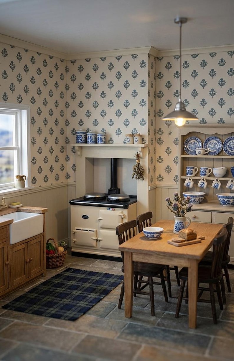 May include: A miniature kitchen scene featuring a cream-colored range stove, a wooden dining table with chairs, a hutch filled with blue and white patterned dishware, a farmhouse sink, and wallpaper with a repeating blue floral motif on a cream background.