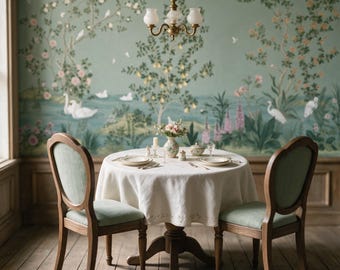 Könnte beinhalten: Ein runder Esstisch mit weißer Tischdecke, zwei Holzstühle mit hellgrün gepolsterten Sitzen und eine kleine Blumenvase als Mittelstück. Über dem Tisch hängt ein dreiflammiger Messingkronleuchter mit mattierten Glasschirmen.