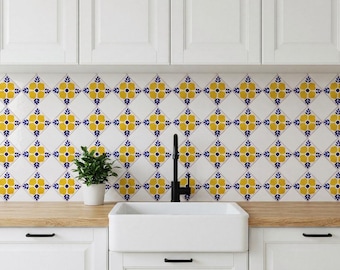 Stickers muraux repositionnables pour crédence | Carreaux Talavera jaunes à motifs floraux pour cuisine et contremarches d'escalier | Talavera mexicain imperméable