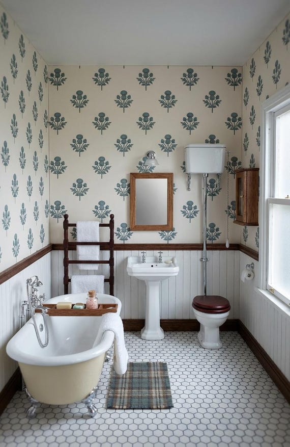 Dollhouse Wallpaper Cream Blue Scottish Thistle 1:12 Scale | Cottage Bedroom & Bathroom Decor