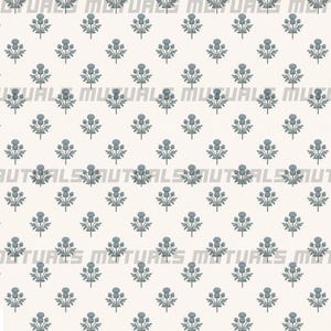 May include: A light cream-colored fabric featuring a repeating pattern of small, muted blue thistle plants arranged in a grid. The word MUTUALS is printed in a light gray, semi-transparent font across the surface in horizontal rows.