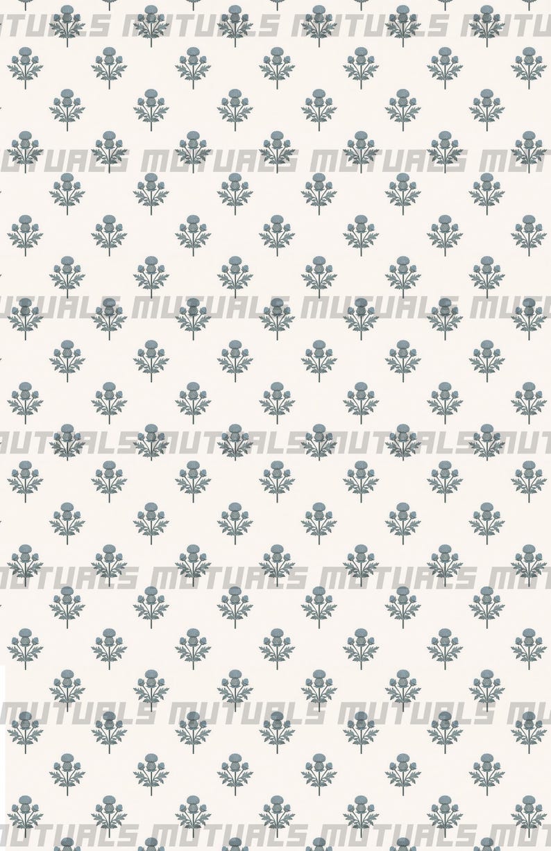 May include: A light cream-colored fabric featuring a repeating pattern of small, muted blue thistle plants arranged in a grid. The word MUTUALS is printed in a light gray, semi-transparent font across the surface in horizontal rows.