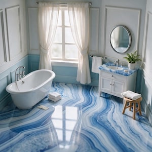 May include: A miniature bathroom scene featuring a white freestanding bathtub, a vanity with a blue marble-patterned countertop, a round mirror, and a small wooden stool. The floor has a glossy blue and white swirling agate-like pattern.