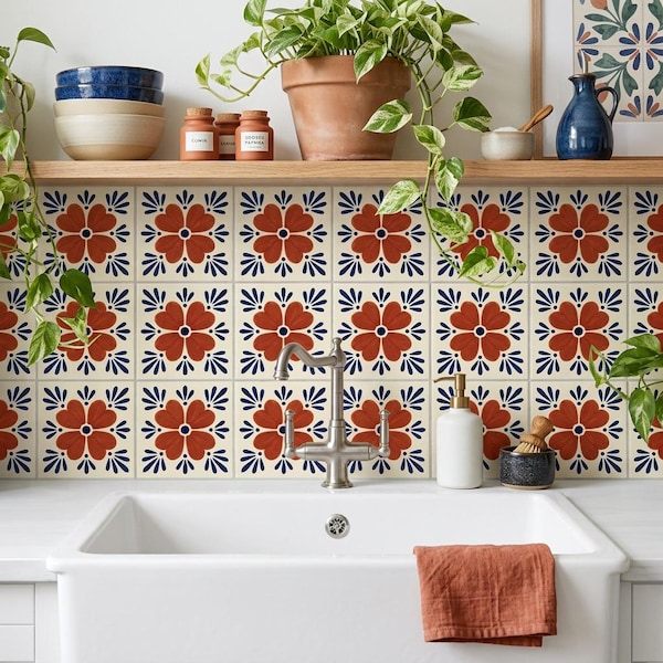 Terracotta Mexican Talavera Tile Stickers | Waterproof Kitchen Backsplash Decals