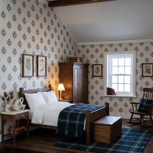 May include: A miniature bedroom scene featuring a wooden bed with white bedding and a blue and green plaid throw blanket. The room includes a wooden wardrobe, a rocking chair, a nightstand with a lamp, a wooden chest, and floral wallpaper.