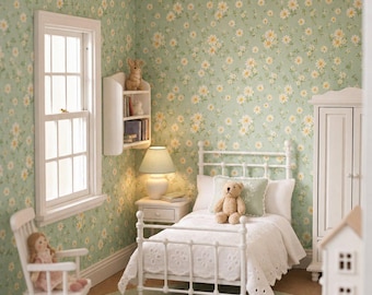 May include: A miniature dollhouse bedroom featuring green floral wallpaper, a white iron bed with a white eyelet coverlet, a teddy bear, a white rocking chair with a doll, a white wardrobe, a nightstand with a lamp, and a small dollhouse.