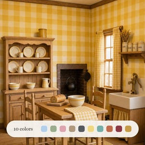May include: A miniature kitchen scene featuring a wooden hutch with plates and bowls, a dining table with a loaf of bread and a bowl, two chairs, a sink with a brass faucet, and yellow gingham wallpaper. A color palette bar displays 10 colors.