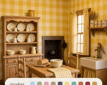 May include: A miniature kitchen scene featuring a wooden hutch with plates and bowls, a dining table with a loaf of bread and a bowl, two chairs, a sink with a brass faucet, and yellow gingham wallpaper. A color palette bar displays 10 colors.
