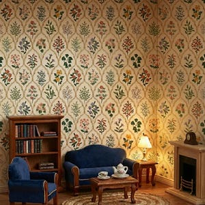 May include: Miniature living room scene with a blue sofa, armchair, and wooden furniture. The room features floral wallpaper, a fireplace, and a bookshelf filled with tiny books. A small table holds a teapot and teacup, and a round rug completes the cozy setting.