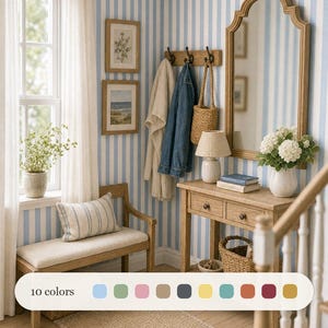 May include: A miniature entryway scene featuring blue and white striped wallpaper, a wooden bench with a striped cushion, a console table with a mirror, a coat rack with hanging garments, a woven basket, and a color palette swatch labeled 10 colors.