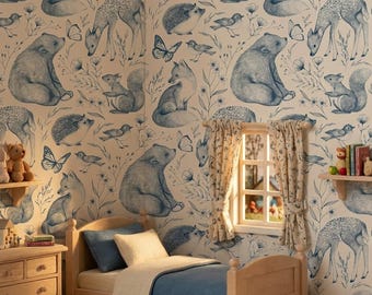 Dollhouse Wallpaper Blue Woodland Animals 1:12 Scale | Nursery Bedroom & Living Room Miniature