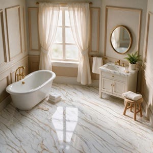 May include: A miniature bathroom scene featuring a white freestanding bathtub with gold fixtures, a marble-topped vanity with a round gold-framed mirror, a small wooden stool, sheer curtains, and white marble-patterned flooring.