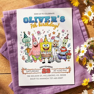 May include: A birthday party invitation featuring cartoon characters. The invitation reads "Oliver's 7th birthday!" with the date and time. The invitation is on a purple cloth with flowers.