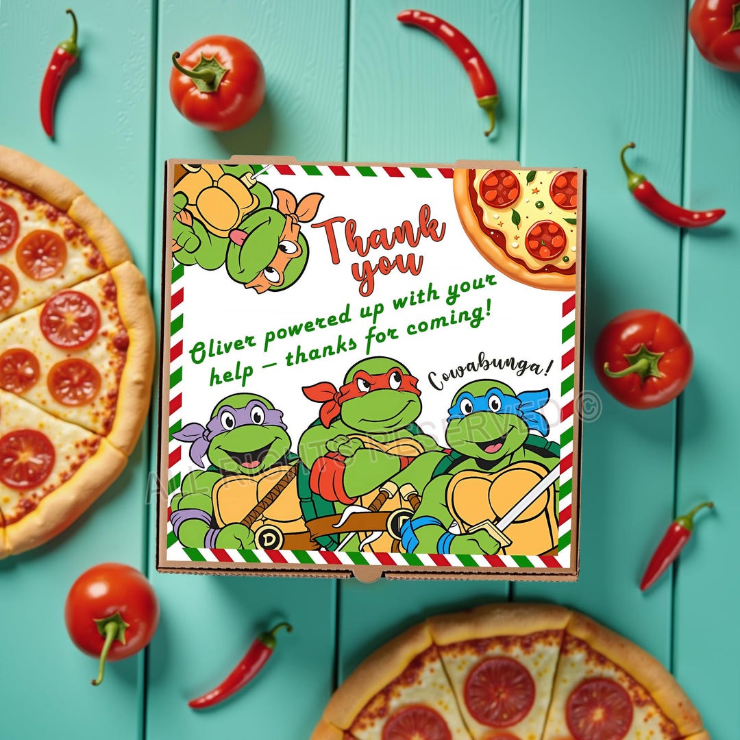 Fake Ninja Rurtle Label Ninja Turtles Pizza Box Label – Editable Canva Template for a Pizza ...