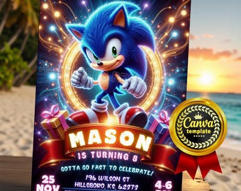 Sonic Birthday Invitation – Editable Canva Template for a Fun Party Celebration. Sonic Invite Card for Kids