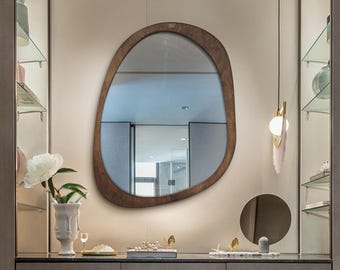 Handmade Vanity Wood Framed Mirror, Asymmetric Organic Mirror